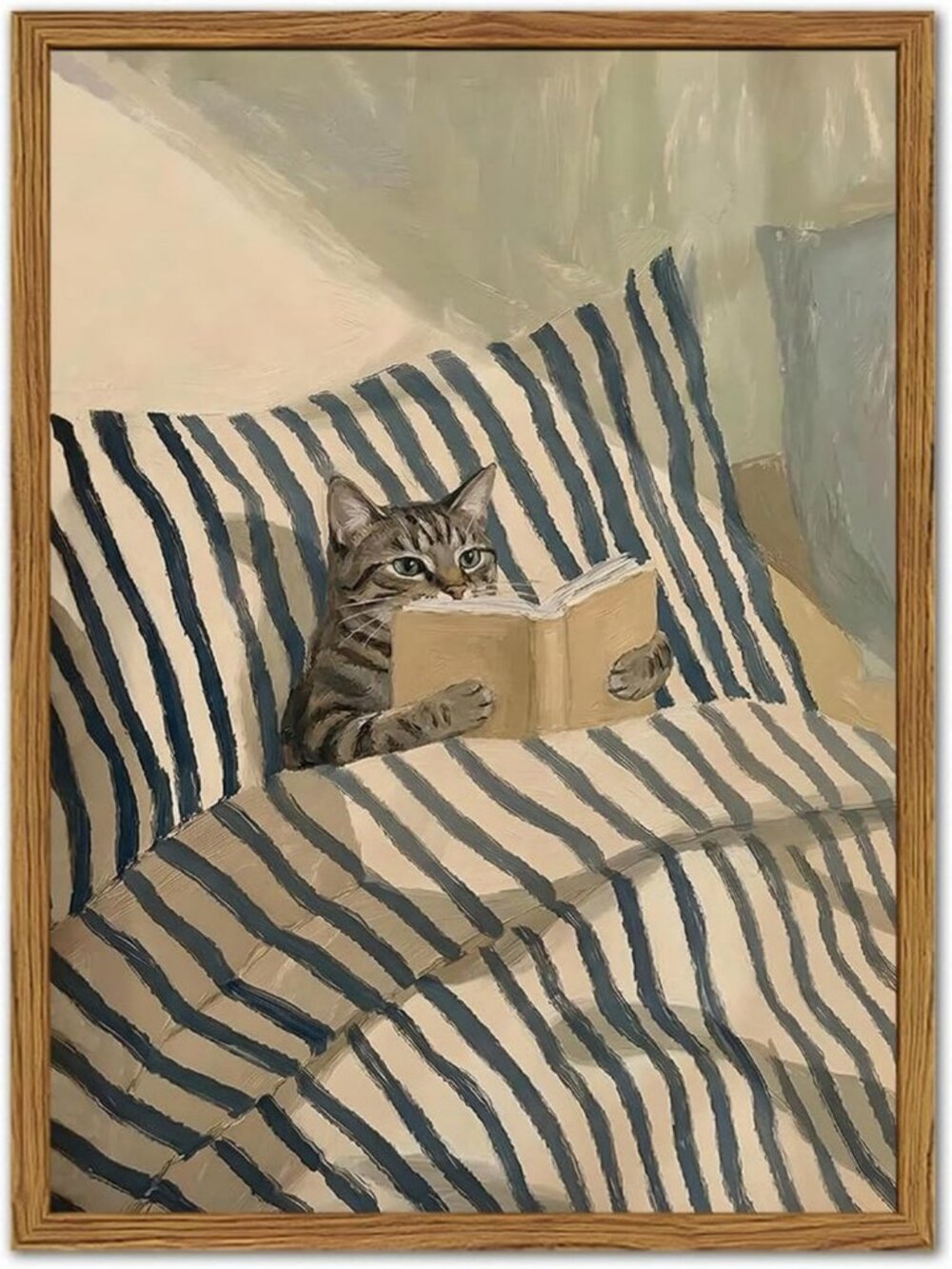 Whimsical Cat Wall Art, Cute Tabby Reading Book Canvas Print for Cozy Home Decor